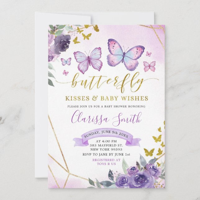 Purple and Gold Floral Butterfly Baby Shower Invitation (Front)