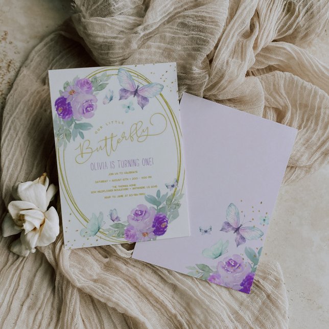 Purple and Gold Floral Butterfly Birthday Invitation (Creator Uploaded)