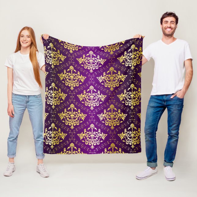 Purple and gold floral damasks pattern fleece blanket (In Situ)