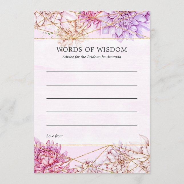 Purple and Gold Floral Geometric Bridal Shower Advice Card (Front)