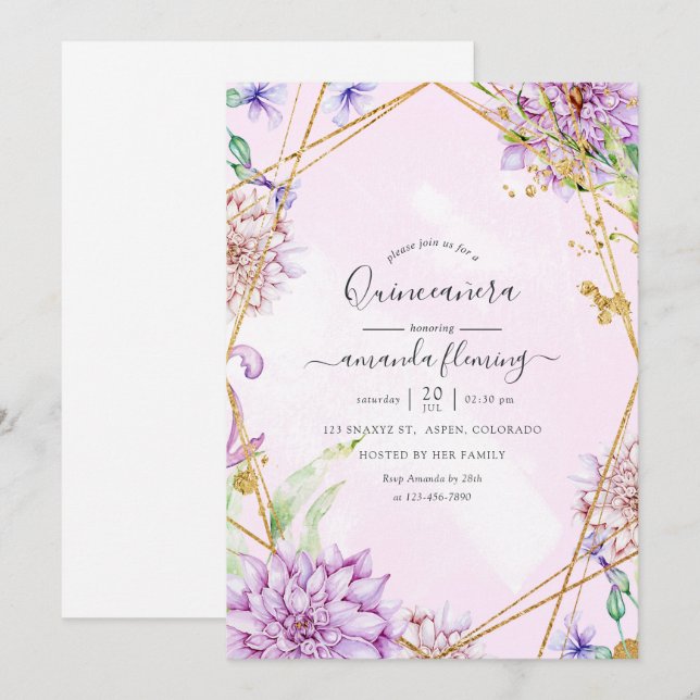 Purple and Gold Floral Geometric Quinceañera Invitation (Front/Back)