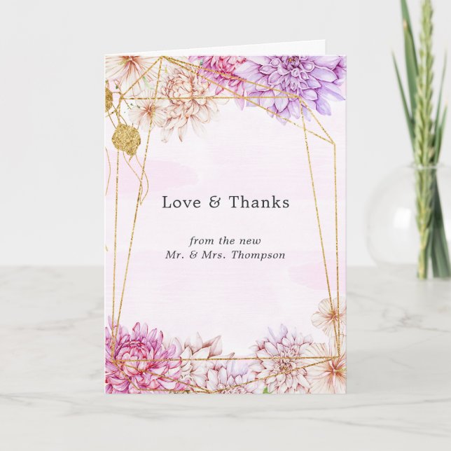 Purple and Gold Floral Geometric Wedding Photo Thank You Card (Front)