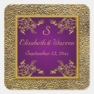 Purple and Gold Floral Monogram Wedding Sticker