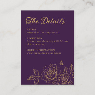 Purple and Gold Floral Quinceañera Details Enclosure Card