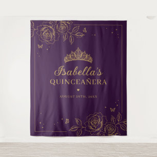 Purple and Gold Floral Quinceañera Tapestry