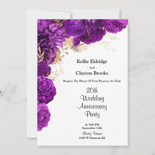 Purple And Gold Floral Wedding Anniversary Party Invitation (Front)