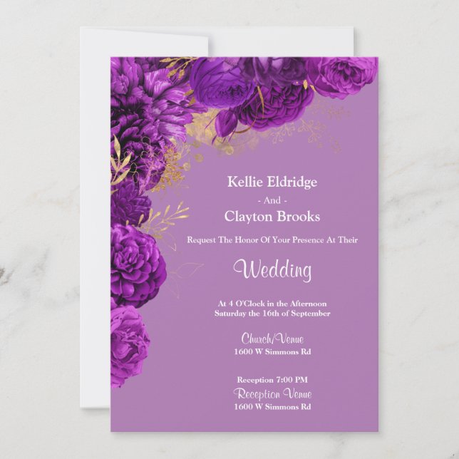 Purple And Gold Floral Wedding Invitation (Front)