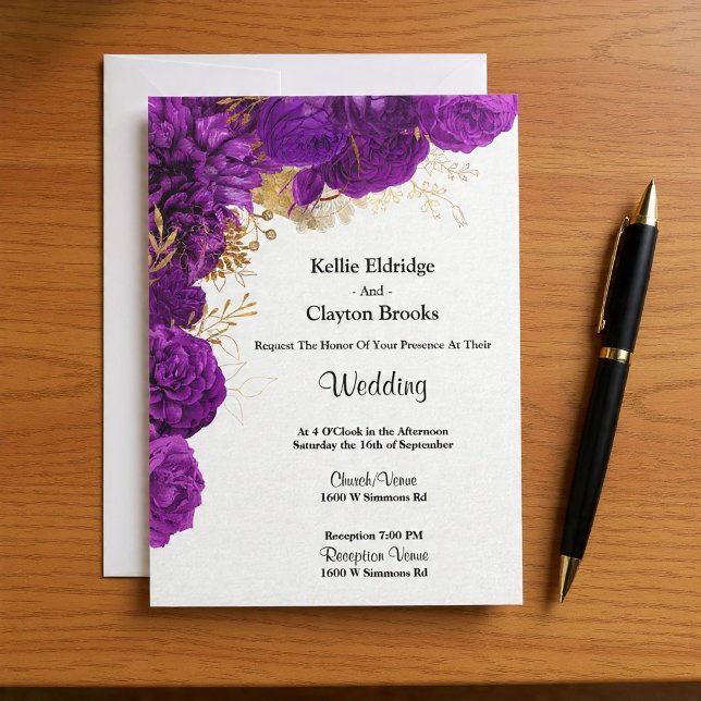 Purple And Gold Floral Wedding Invitation (Creator Uploaded)
