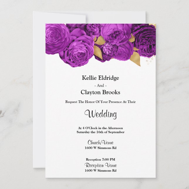 Purple And Gold Floral Wedding Invitation (Front)