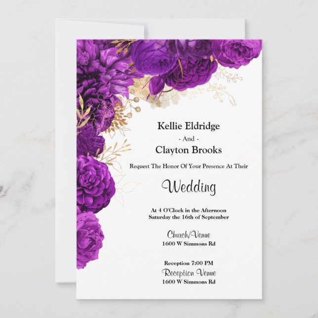 Purple And Gold Floral Wedding Invitation (Front)