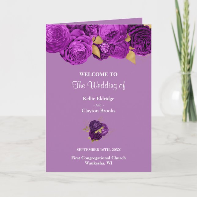 Purple And Gold Floral Wedding Programme (Front)