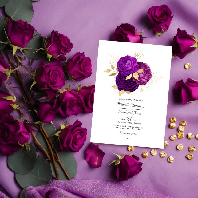 Purple and Gold Floral Wedding QR Code Rsvp Invitation (Creator Uploaded)