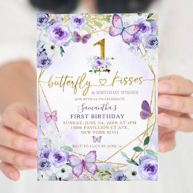Purple and Gold Geometric Butterfly First Birthday Invitation (Creator Uploaded)