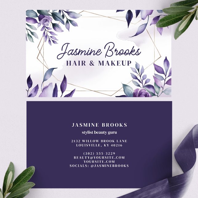 Purple and Gold Geometric Frame Watercolor Leaves Business Card (Creator Uploaded)