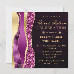 Purple and Gold Glam Tears Bokeh Sweet Sixteen Invitation