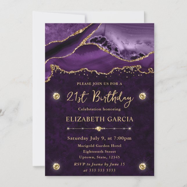 Purple and Gold Glitter Agate 21st Birthday Invitation (Front)