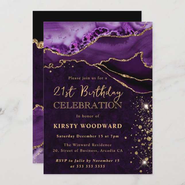 Purple and Gold Glitter Agate Birthday Invitation (Front/Back)
