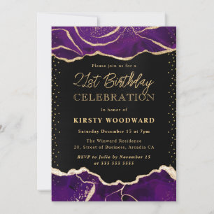 Purple and Gold Glitter Agate Birthday Party Invitation