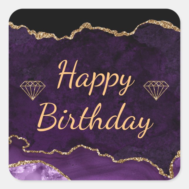 Purple and Gold Glitter Agate Happy Birthday Square Sticker (Front)