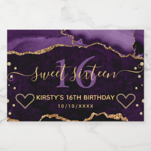 Purple and Gold Glitter Agate Marble Sweet 16l Sparkling Wine Label