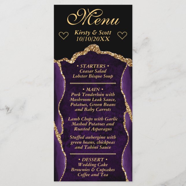 Purple and Gold Glitter Agate Marble Wedding Menu (Front)