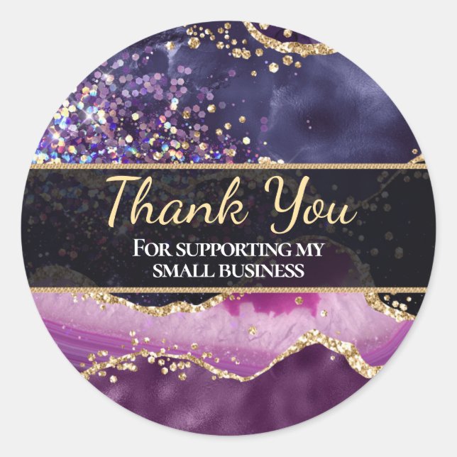 Purple and Gold Glitter Agate Thank You Business Classic Round Sticker (Front)