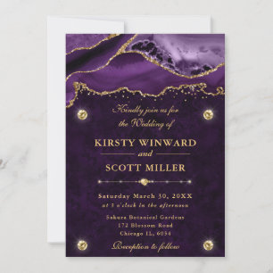 Purple and Gold Glitter Agate Wedding Invitation