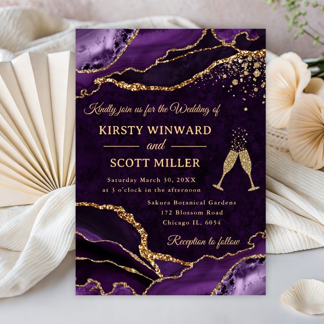 Purple and Gold Glitter Agate Wedding Invitation (Creator Uploaded)