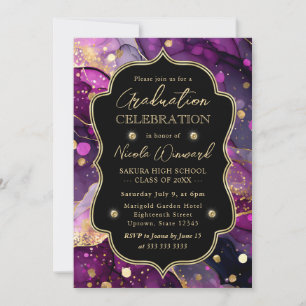 Purple and Gold Glitter Alcohol Ink Graduation Invitation