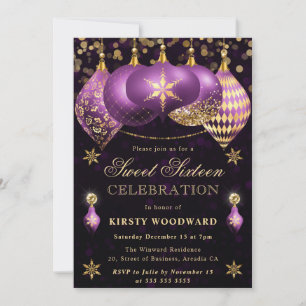 Purple and Gold Glitter Baubles Sweet Sixteen Invitation