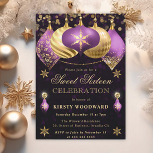 Purple and Gold Glitter Baubles Sweet Sixteen Invitation