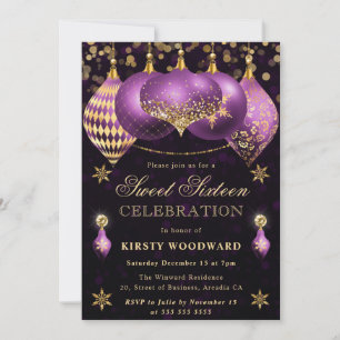 Purple and Gold Glitter Baubles Sweet Sixteen Invitation