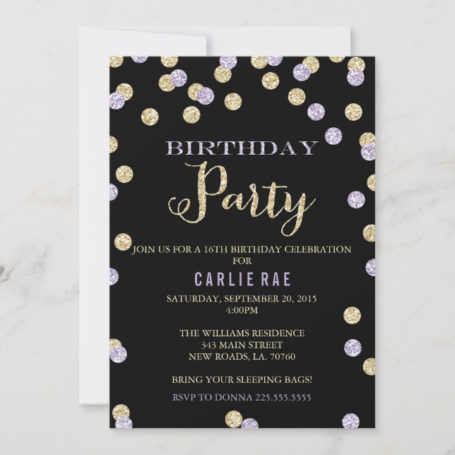 Purple and Gold Glitter Birthday Invitations (Front)