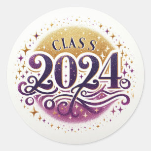 Purple and Gold Glitter Class of 2024 Classic Round Sticker