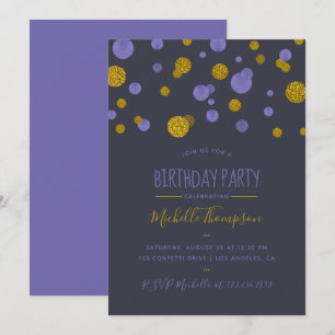 Purple and Gold Glitter Confetti Birthday Party Invitation