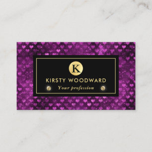 Purple and Gold Glitter Glam Hearts Pattern Business Card