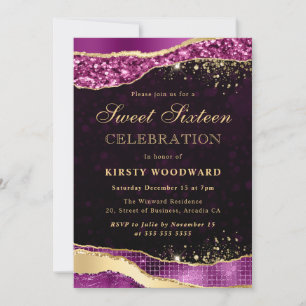 Purple and Gold Glitter Glam Tears Sweet Sixteen Invitation
