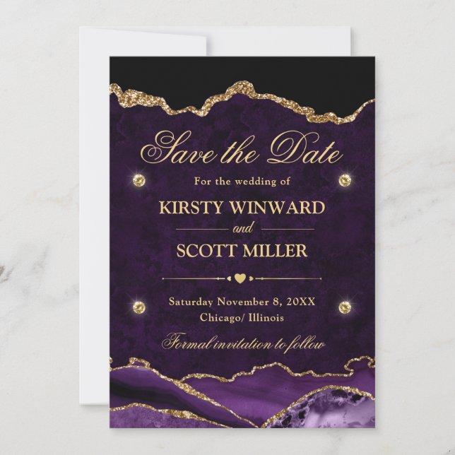 Purple and Gold Glitter Marble Agate Save the Date (Front)