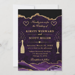 Purple and Gold Glitter Marble Agate Wedding Invitation