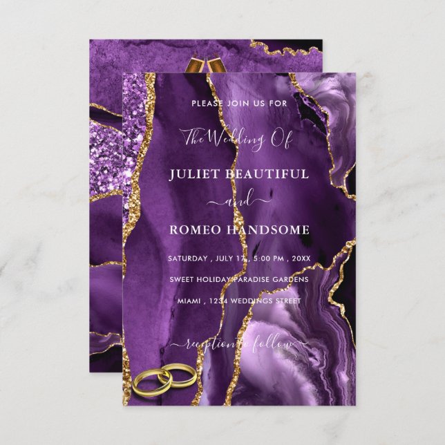 Purple and Gold Glitter Marble Wedding Invitation (Front/Back)