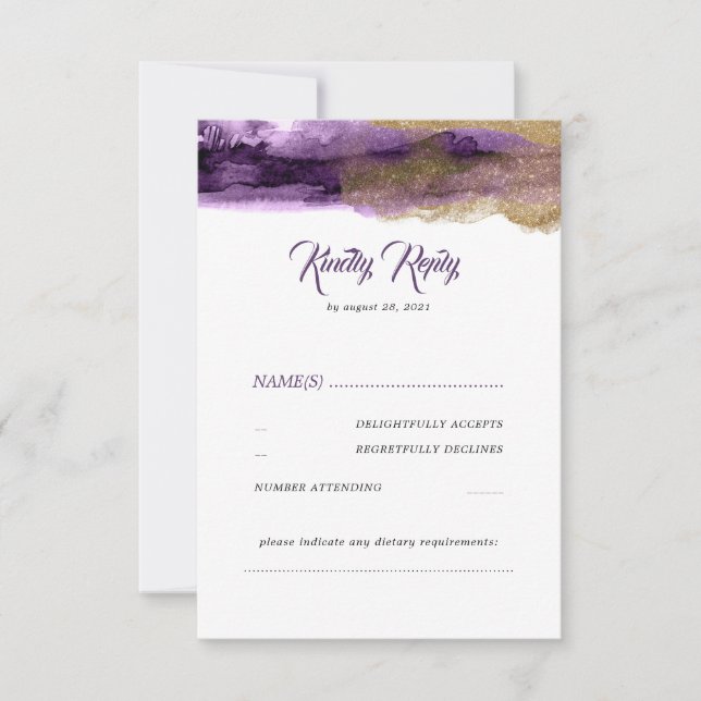 Purple and Gold Glitter Modern Wedding RSVP (Front)
