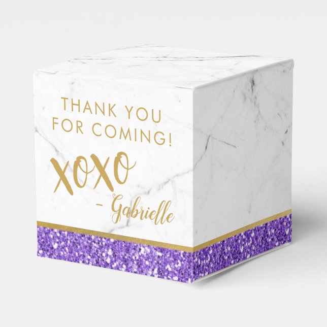 Purple and Gold Glitter xoxo Fun Modern Marble Favour Box (Front Side)