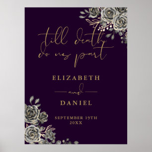 Purple And Gold Goth Roses Floral Wedding Sign