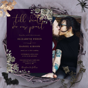 Purple And Gold Gothic Roses Floral Photo Wedding Invitation