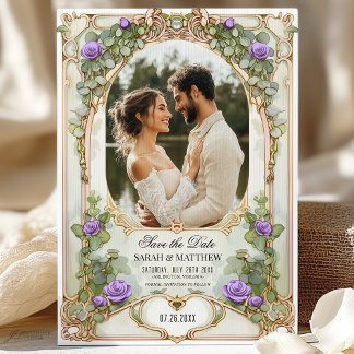 Purple and Gold Greenery Save the Date with Photo  Invitation