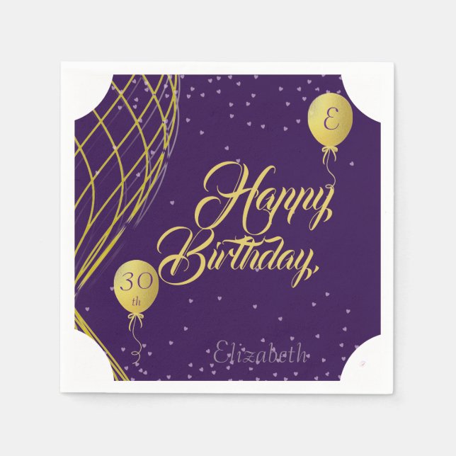 Purple and Gold Happy Birthday Paper Napkin (Front)