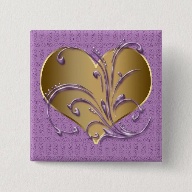 Purple And Gold Heart 15 Cm Square Badge (Front)