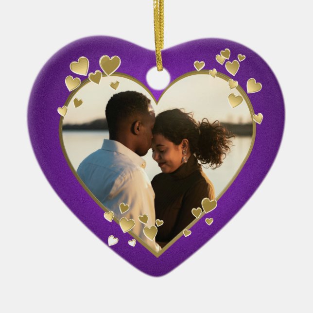 Purple and Gold Hearts Frame Ceramic Tree Decoration (Front)