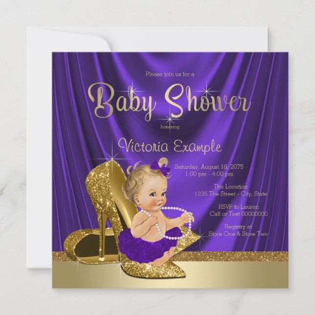 Purple and Gold High Heel Shoe Girl Baby Shower Invitation (Front)