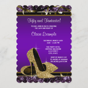 Purple and Gold High Heels Womans Birthday Party Invitation